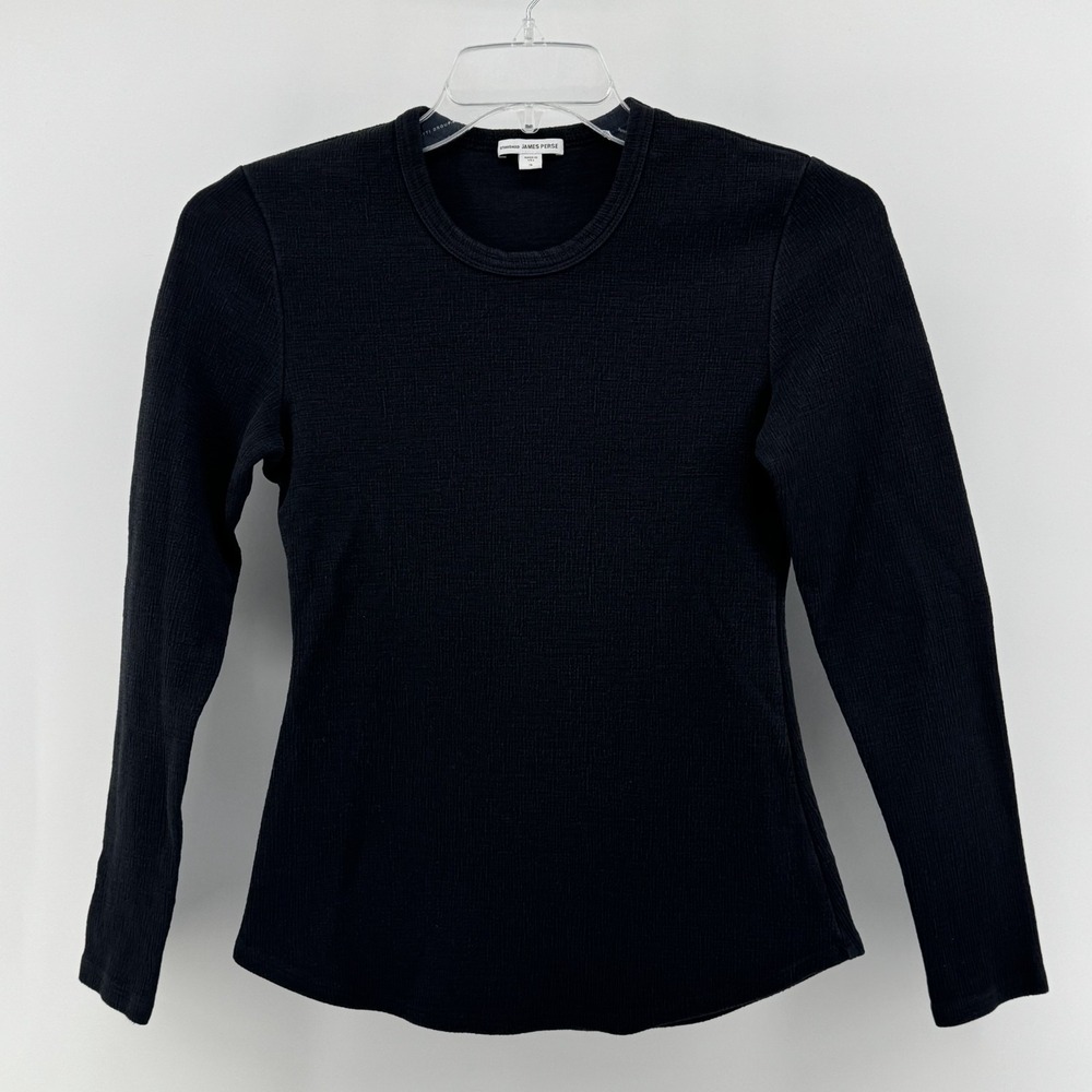 James Perse Long Sleeve Top Womens 3 Black Textured Crew Neck WWG3371CU Slim Fit
